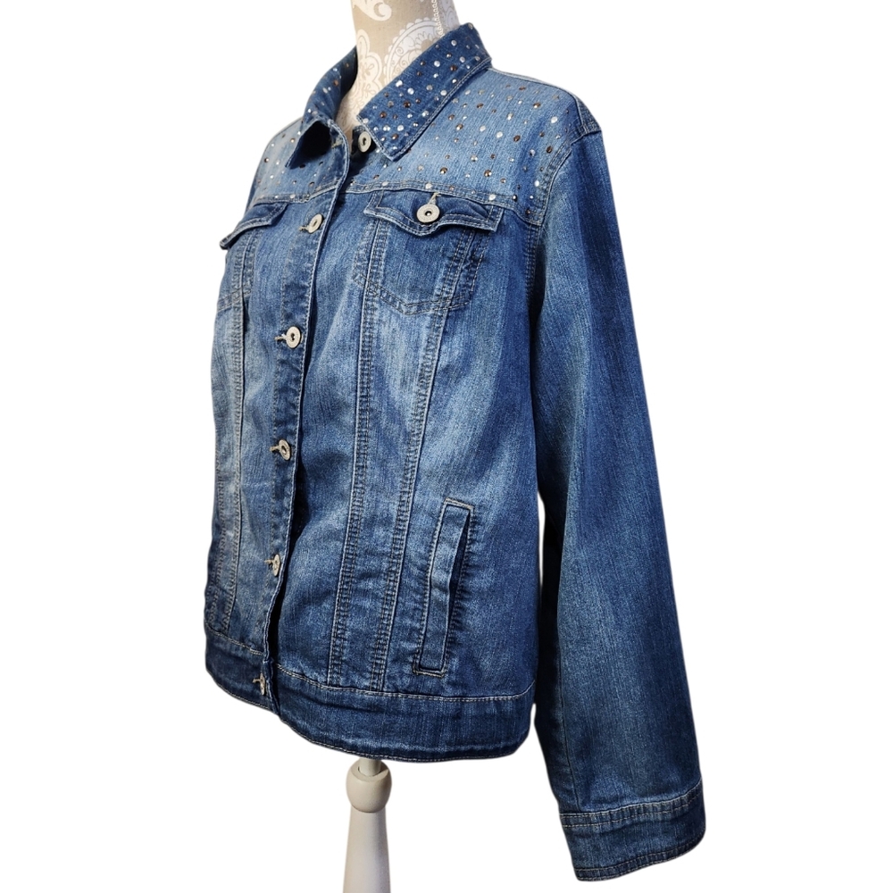 Roz & Ali Denim Boho Trucker Jean Jacket Embellished Metal Studs Pockets 18/20 - Picture 7 of 9